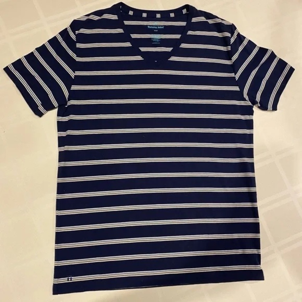 NWT Tommy John Men's V Neck Short Sleeve undershirt, striped dark blue, sz xl